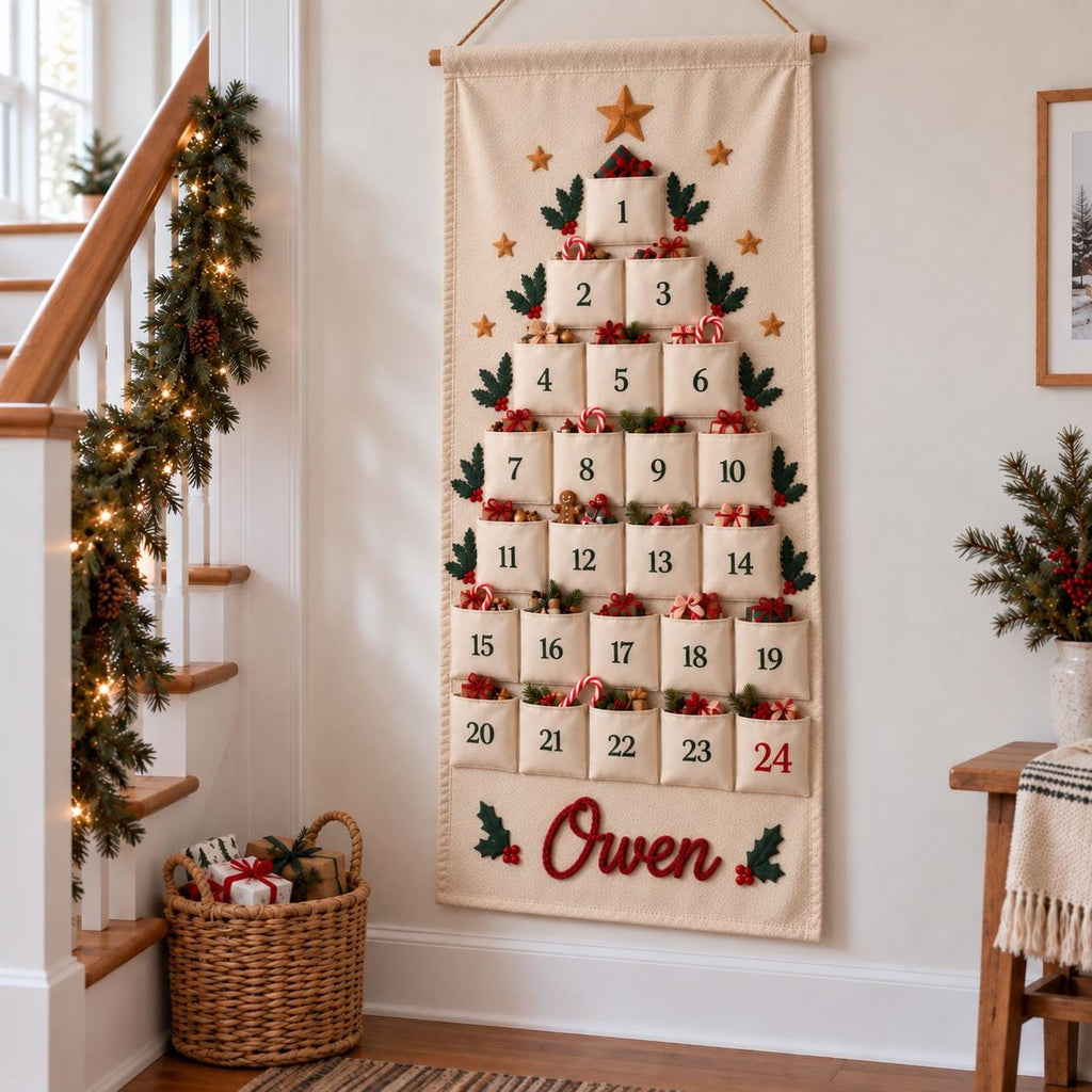Personalized Christmas Advent Calendar HG, Embroidered Name 24-Pocket Fabric Countdown Organizer, Kids Advent Calendar HG, Reusable Wall Hanging
