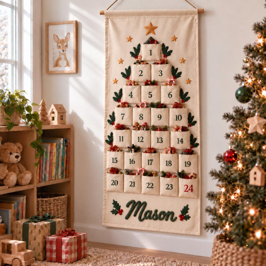 Personalized Advent Calendar HG for Kids, 24 Pocket Christmas Countdown Calendar, Fillable Fabric Wall Hanging, Custom Name Christmas Decor