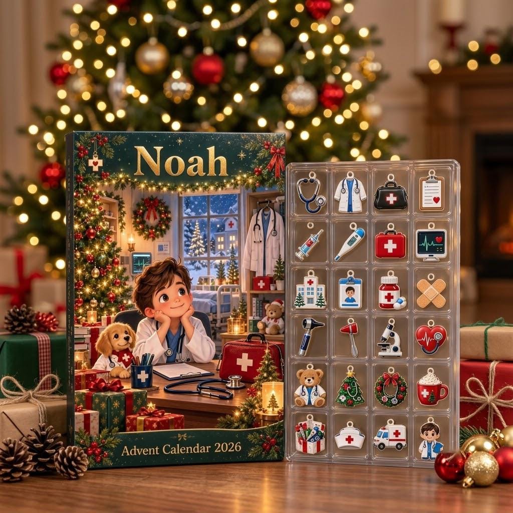 Personalized Doctor Advent Calendar HG, 24 Medical Christmas Charms, Custom Name Future Doctor Gift, Holiday Countdown Box