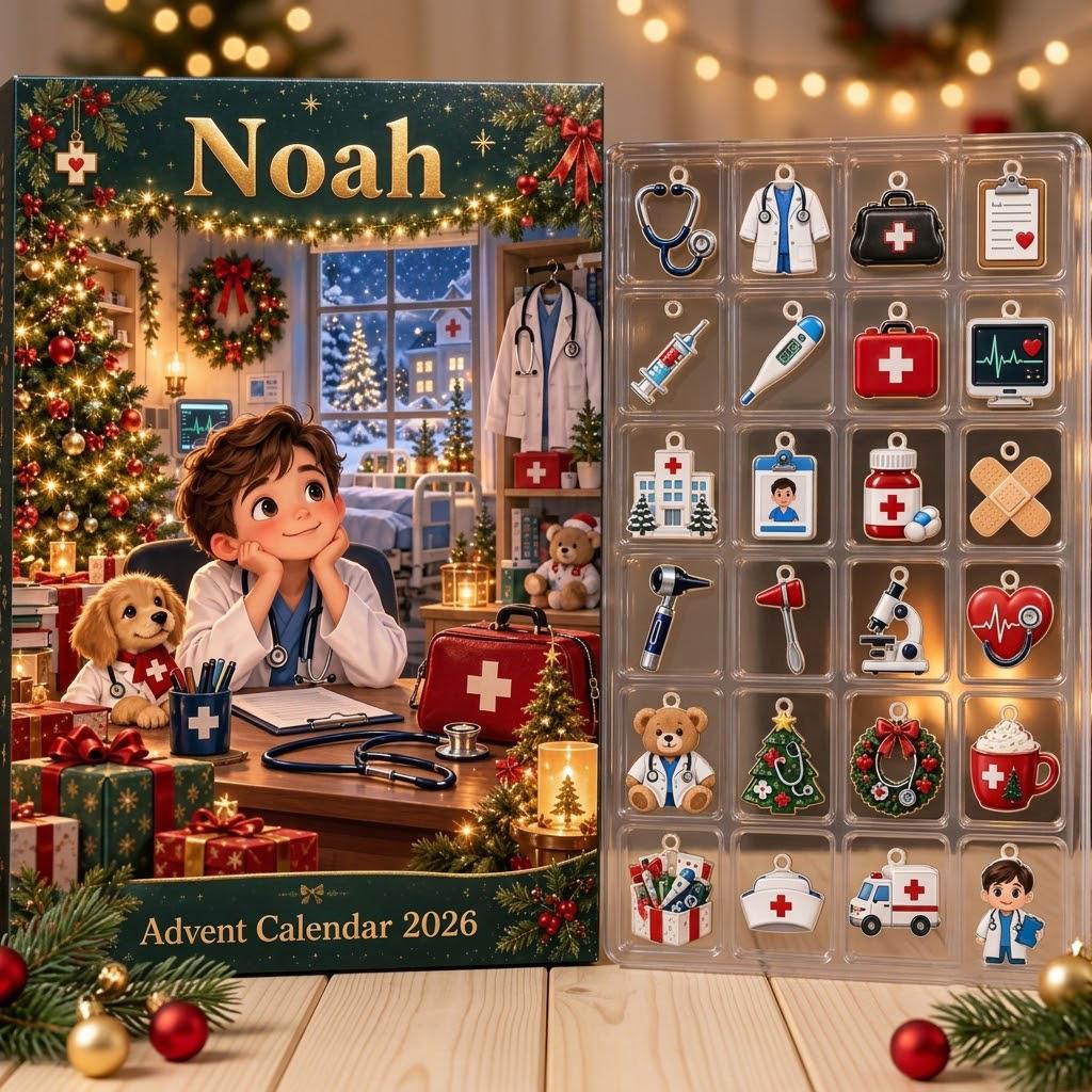 Personalized Doctor Advent Calendar HG, 24 Medical Christmas Charms, Custom Name Future Doctor Gift, Holiday Countdown Box