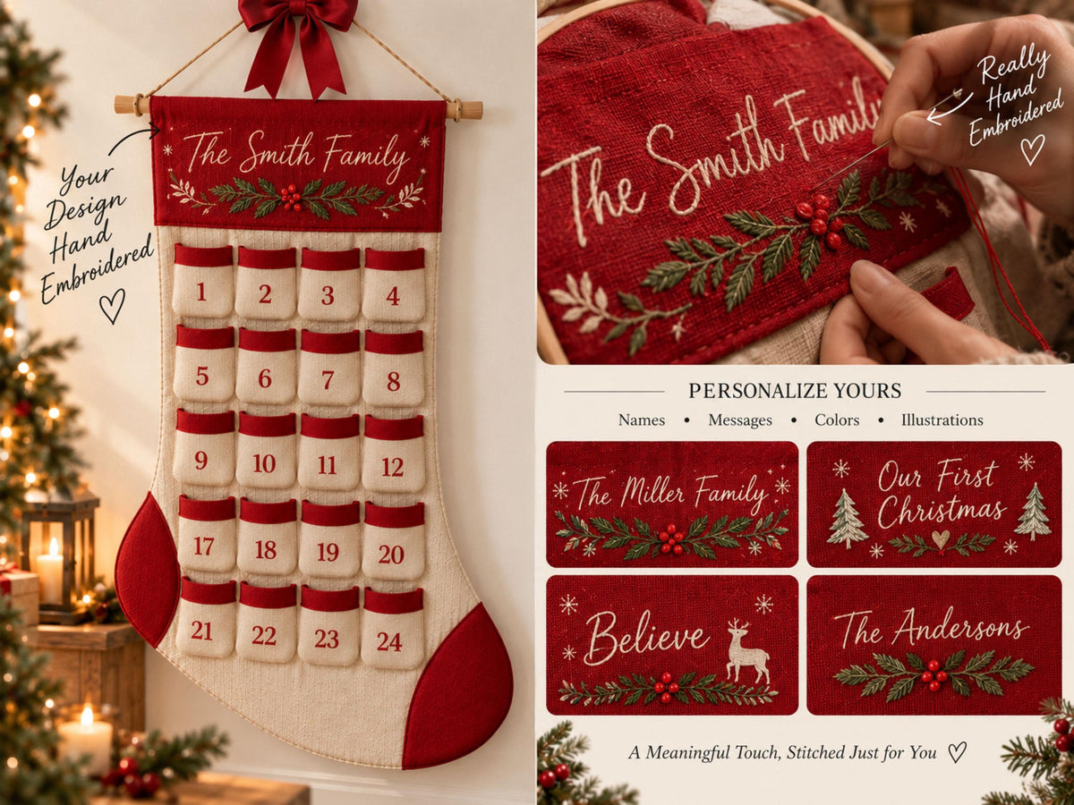 Reusable Christmas Advent Calendar HG, Personalized Name Canvas Wall Hanging with 24 Large Pockets