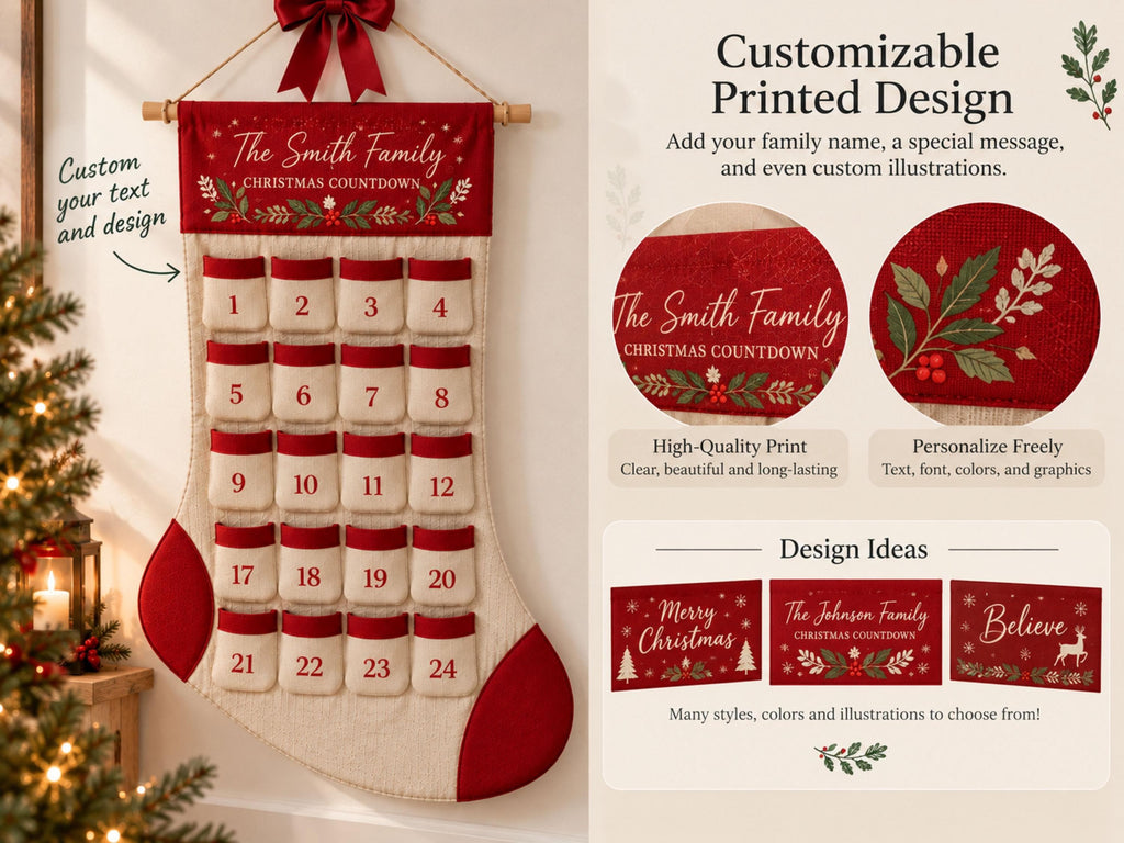 Reusable Christmas Advent Calendar HG, Personalized Name Canvas Wall Hanging with 24 Large Pockets