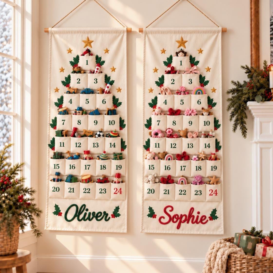 Personalized Advent Calendar HG for Kids, Custom Name 24 Pocket Christmas Countdown, Fabric Hanging Calendar, Sibling Christmas Tradition