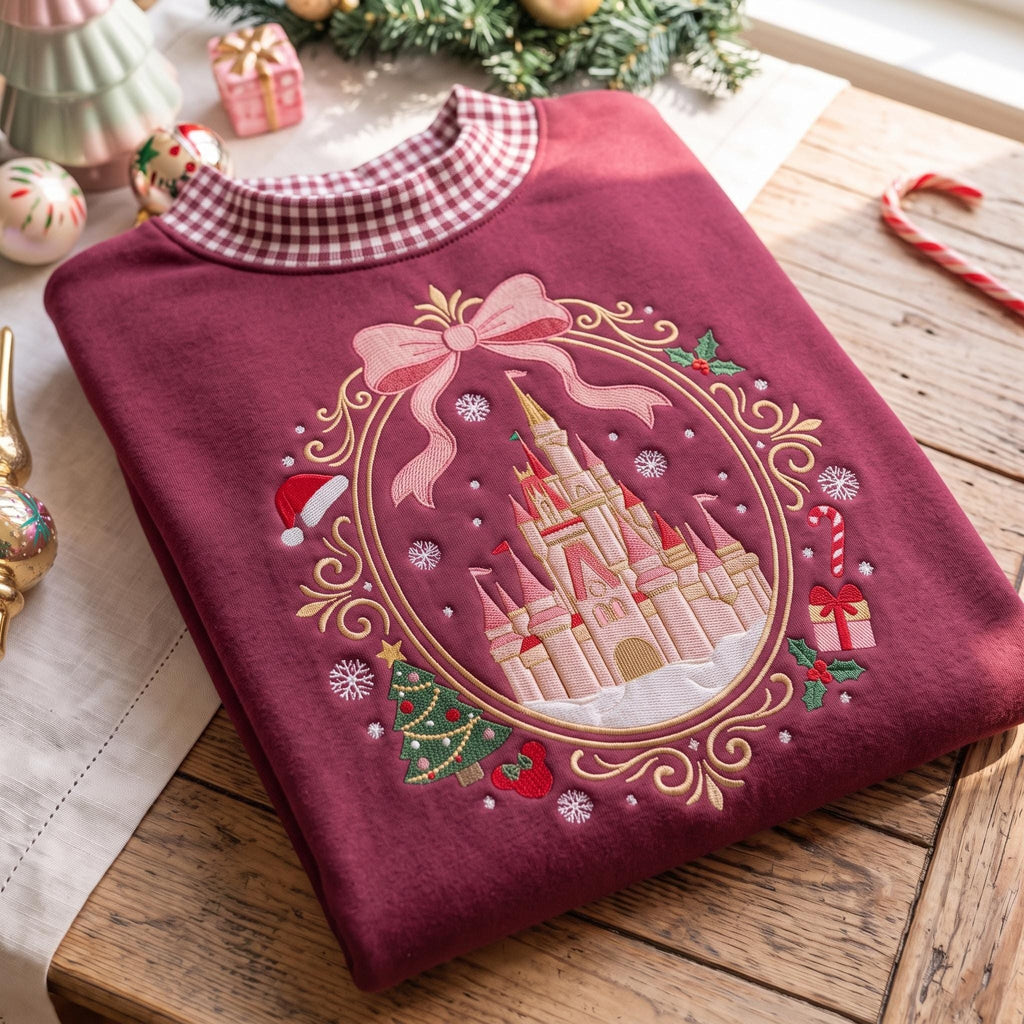 Coquette Christmas Castle Embroidered Gingham Mock Neck HFN Sweatshirt, Magical Disney Holiday Sweatshirt, Christmas Vacation Trip, Festive Gift