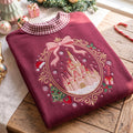 Coquette Christmas Castle Embroidered Gingham Mock Neck HFN Sweatshirt, Magical Disney Holiday Sweatshirt, Christmas Vacation Trip, Festive Gift