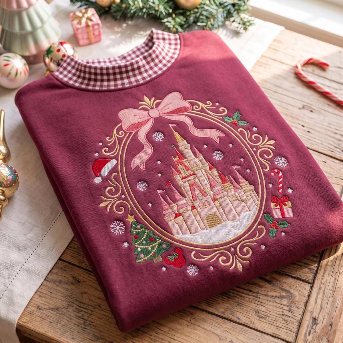 Coquette Christmas Castle Embroidered Gingham Mock Neck HFN Sweatshirt, Magical Disney Holiday Sweatshirt, Christmas Vacation Trip, Festive Gift