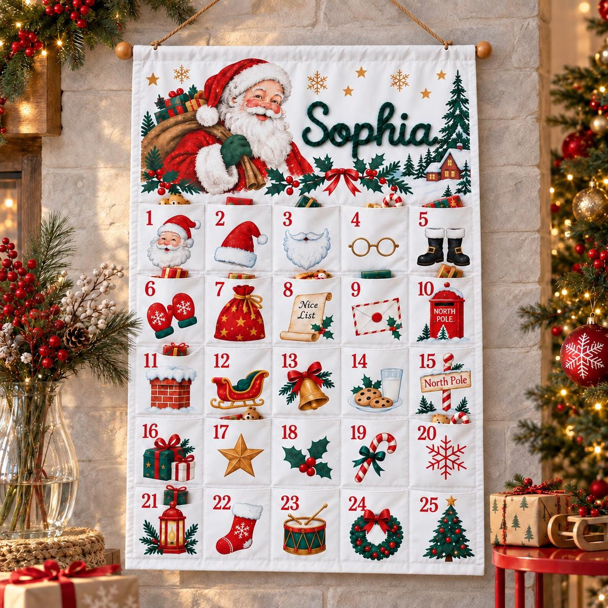 Personalized Reindeer Advent Calendar HG, Christmas Countdown Calendar with 25 Pockets, Custom Name Fabric Wall Hanging, Holiday Gifts for Kids