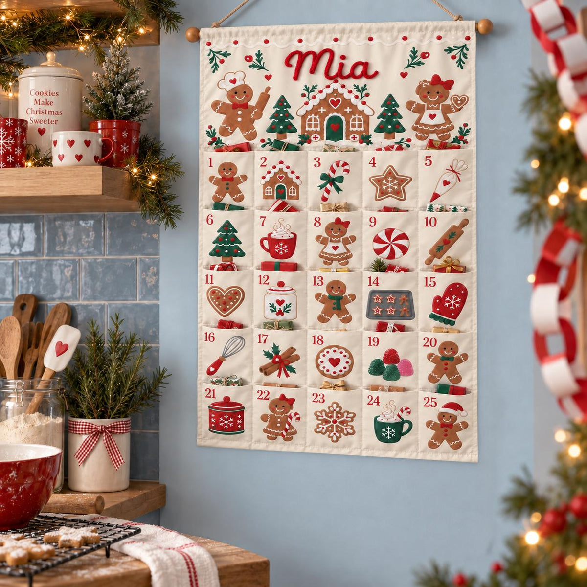 Personalized Reindeer Advent Calendar HG, Christmas Countdown Calendar with 25 Pockets, Custom Name Fabric Wall Hanging, Holiday Gifts for Kids