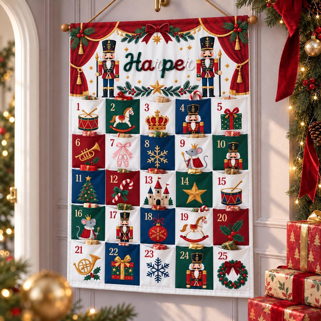 Personalized Reindeer Advent Calendar HG, Christmas Countdown Calendar with 25 Pockets, Custom Name Fabric Wall Hanging, Holiday Gifts for Kids