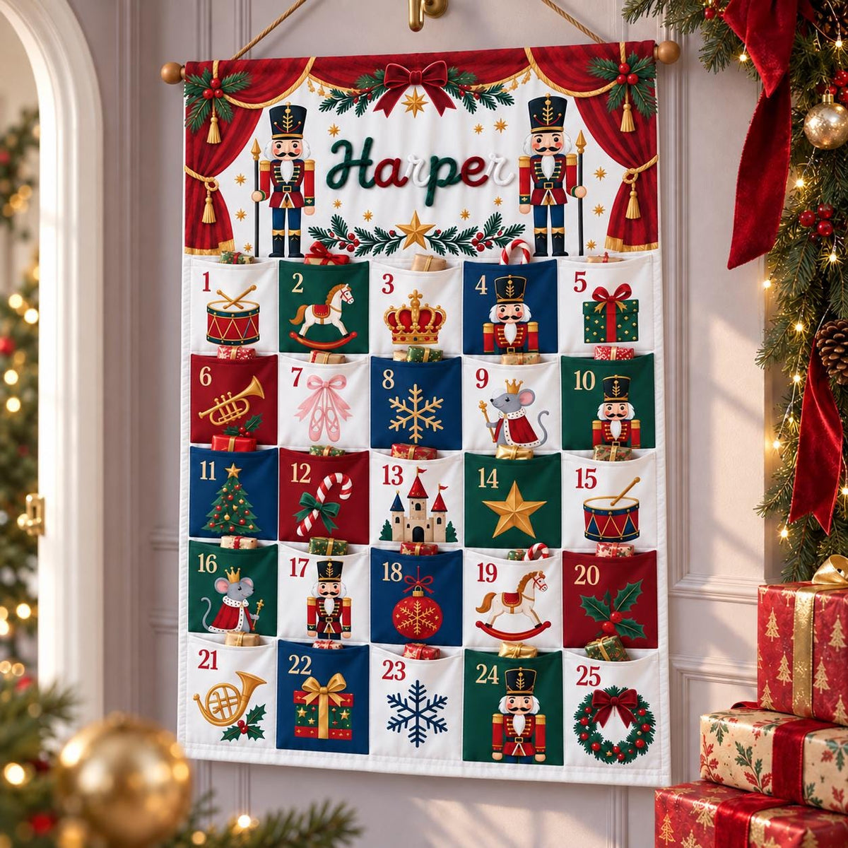 Personalized Reindeer Advent Calendar HG, Christmas Countdown Calendar with 25 Pockets, Custom Name Fabric Wall Hanging, Holiday Gifts for Kids