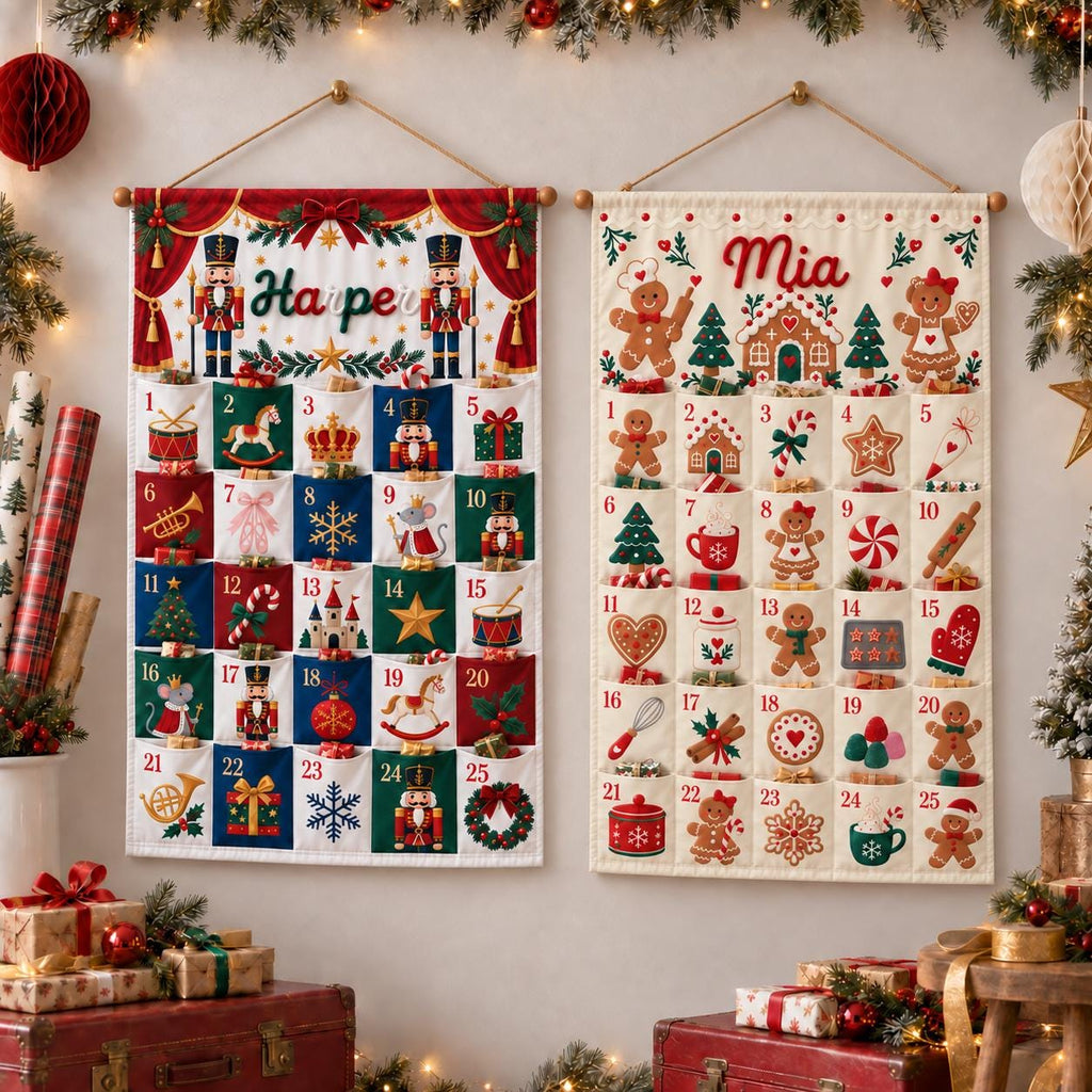 Personalized Reindeer Advent Calendar HG, Christmas Countdown Calendar with 25 Pockets, Custom Name Fabric Wall Hanging, Holiday Gifts for Kids