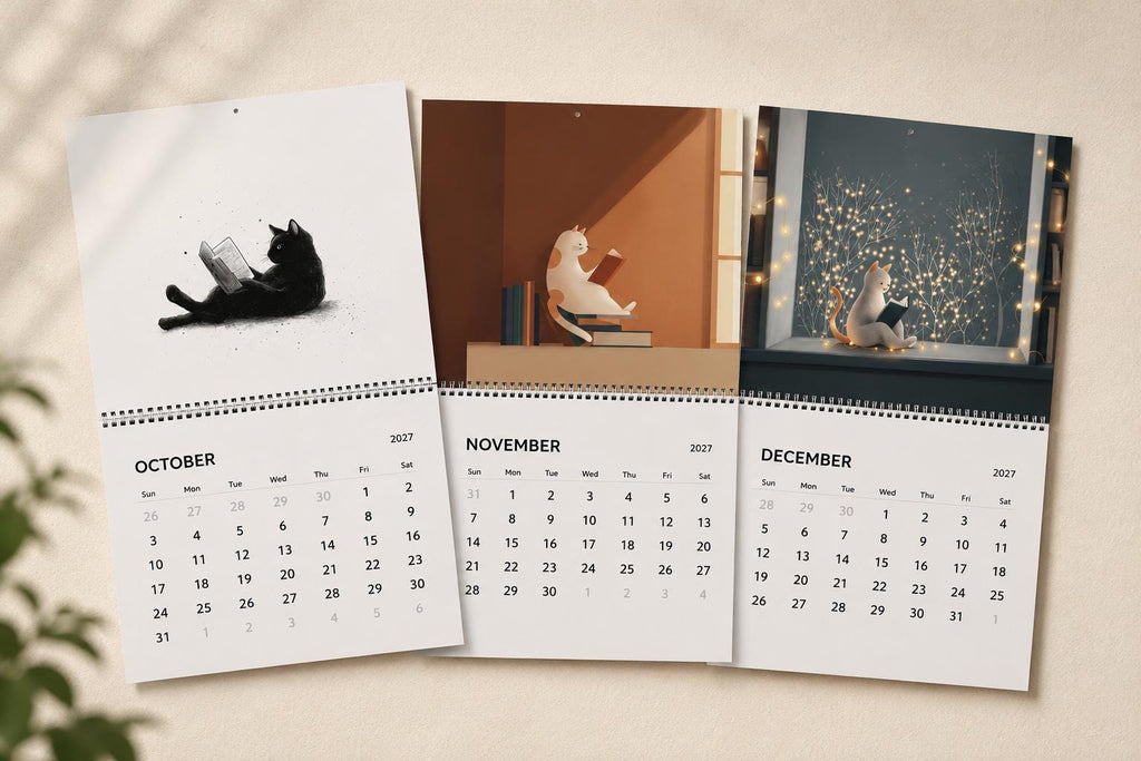 2027 Cozy Cat Calendar for Book Lovers, Whimsical Feline Illustration Calendar, Literary Gift for Readers, Reading Cats 2027 Wall Calendar