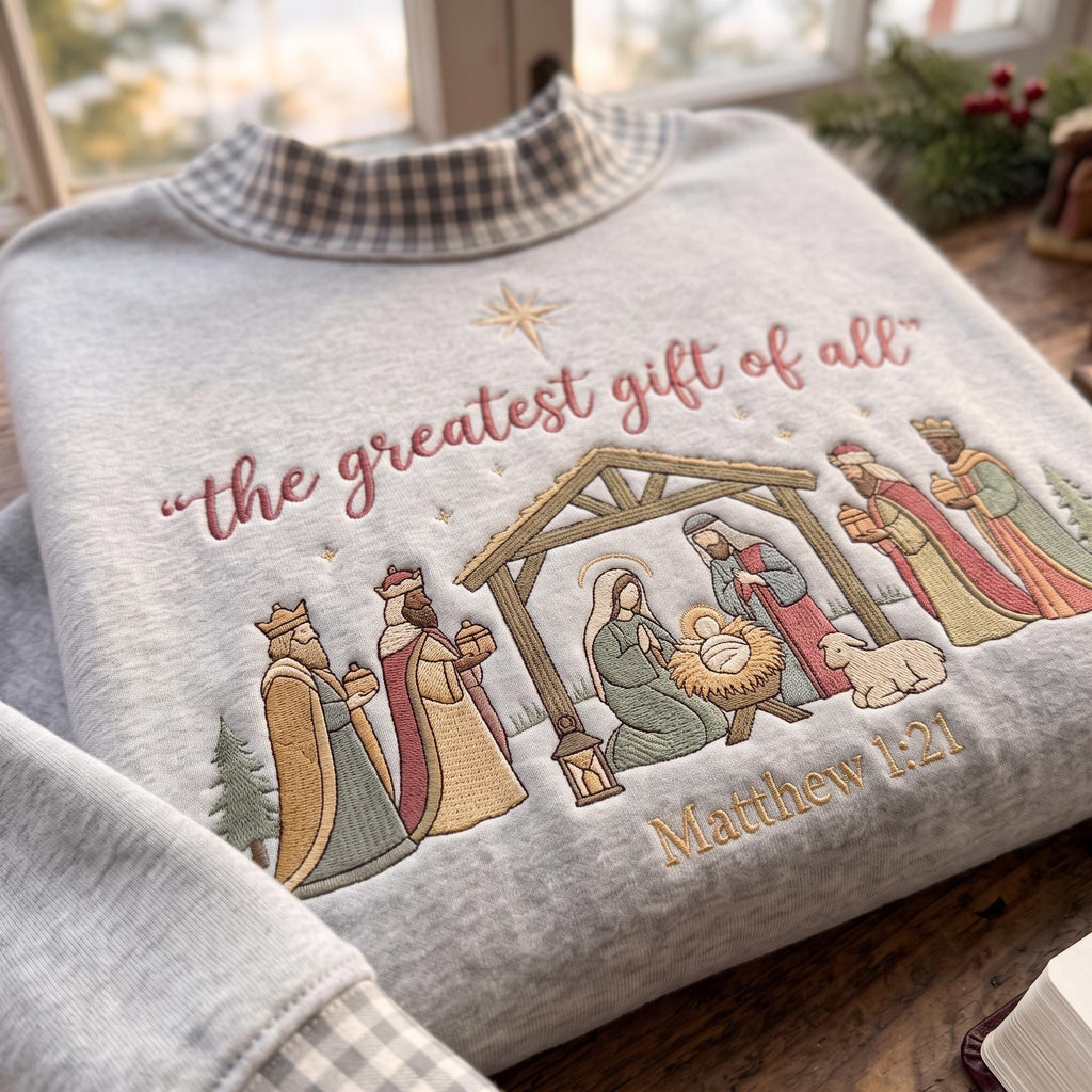 The Greatest Gift of All Gingham Mock Neck HFN Sweatshirt, Embroidered Nativity Christmas Crewneck, Christian Jesus Holiday Gift