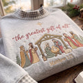 The Greatest Gift of All Gingham Mock Neck HFN Sweatshirt, Embroidered Nativity Christmas Crewneck, Christian Jesus Holiday Gift