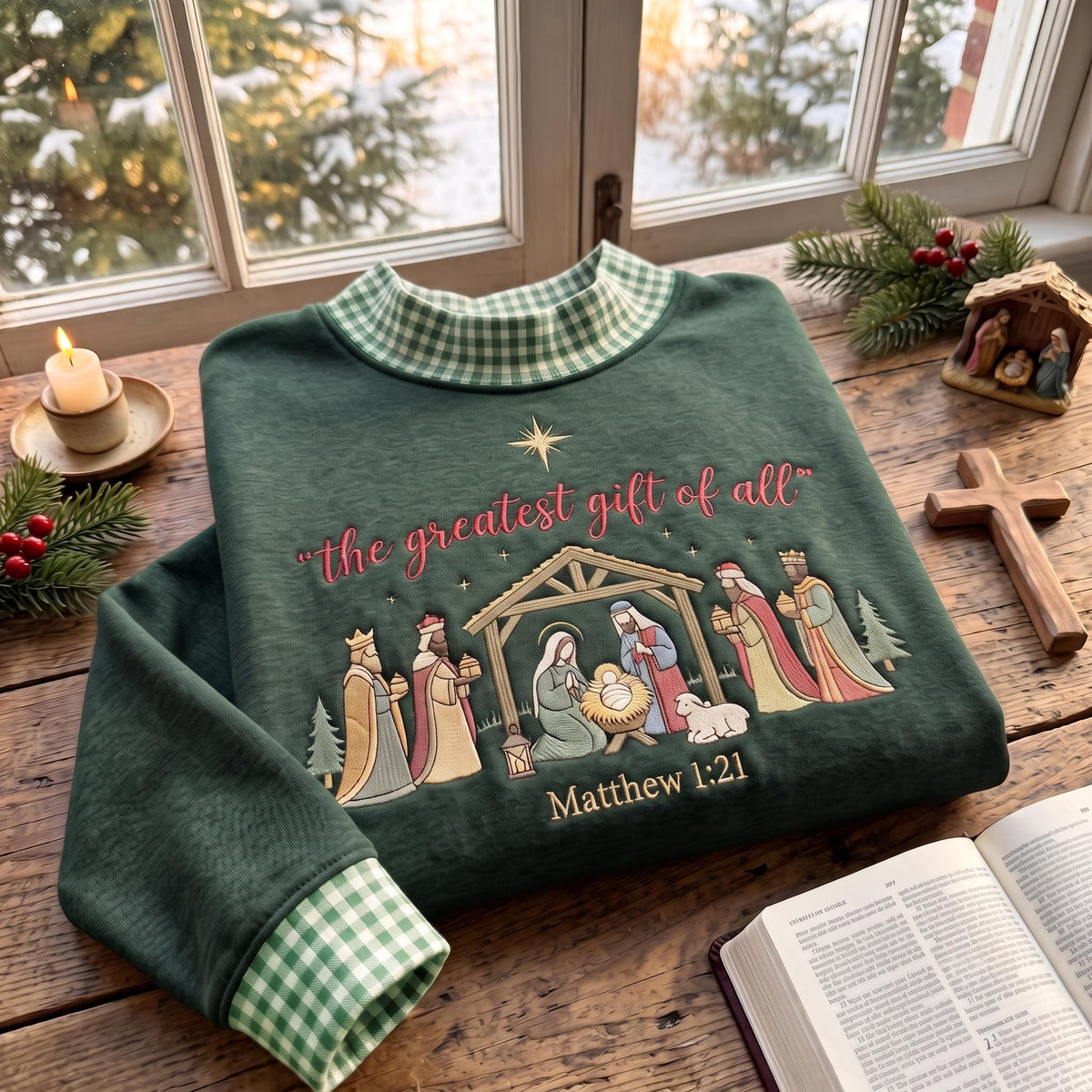 The Greatest Gift of All Gingham Mock Neck HFN Sweatshirt, Embroidered Nativity Christmas Crewneck, Christian Jesus Holiday Gift