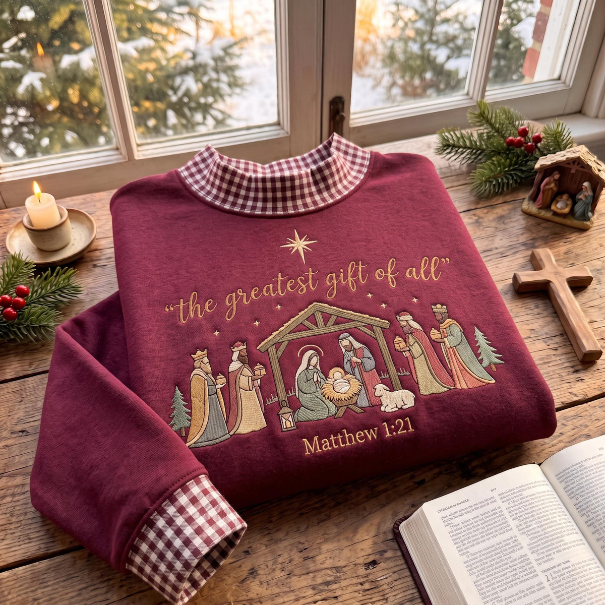The Greatest Gift of All Gingham Mock Neck HFN Sweatshirt, Embroidered Nativity Christmas Crewneck, Christian Jesus Holiday Gift