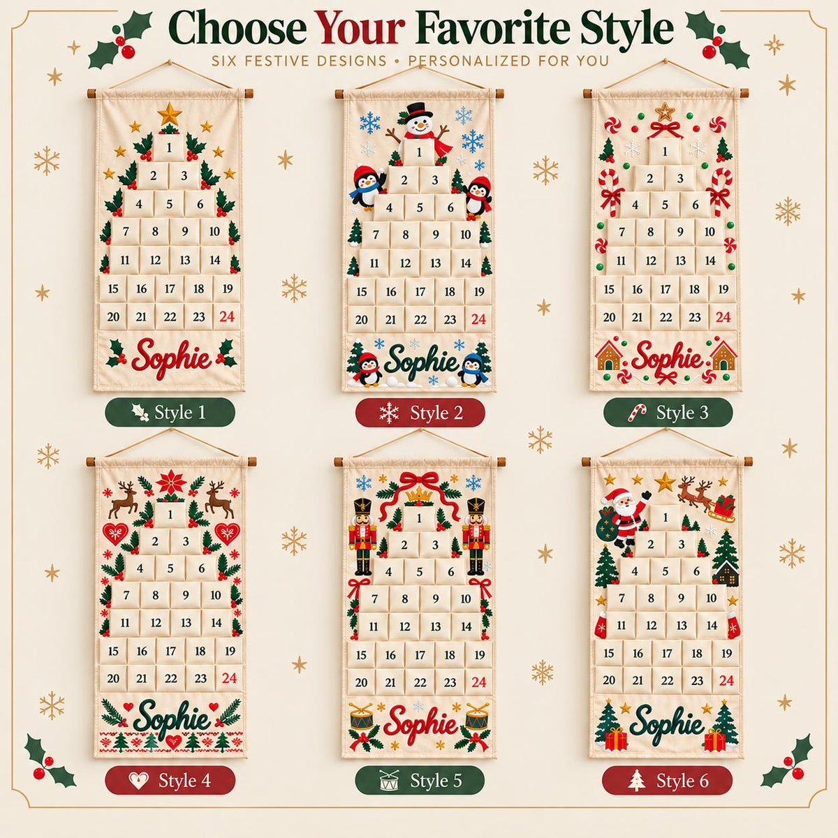 Personalized Advent Calendar HG for Kids, Custom Name 24 Pocket Christmas Countdown, Sibling Holiday Tradition, Fillable Christmas Pockets