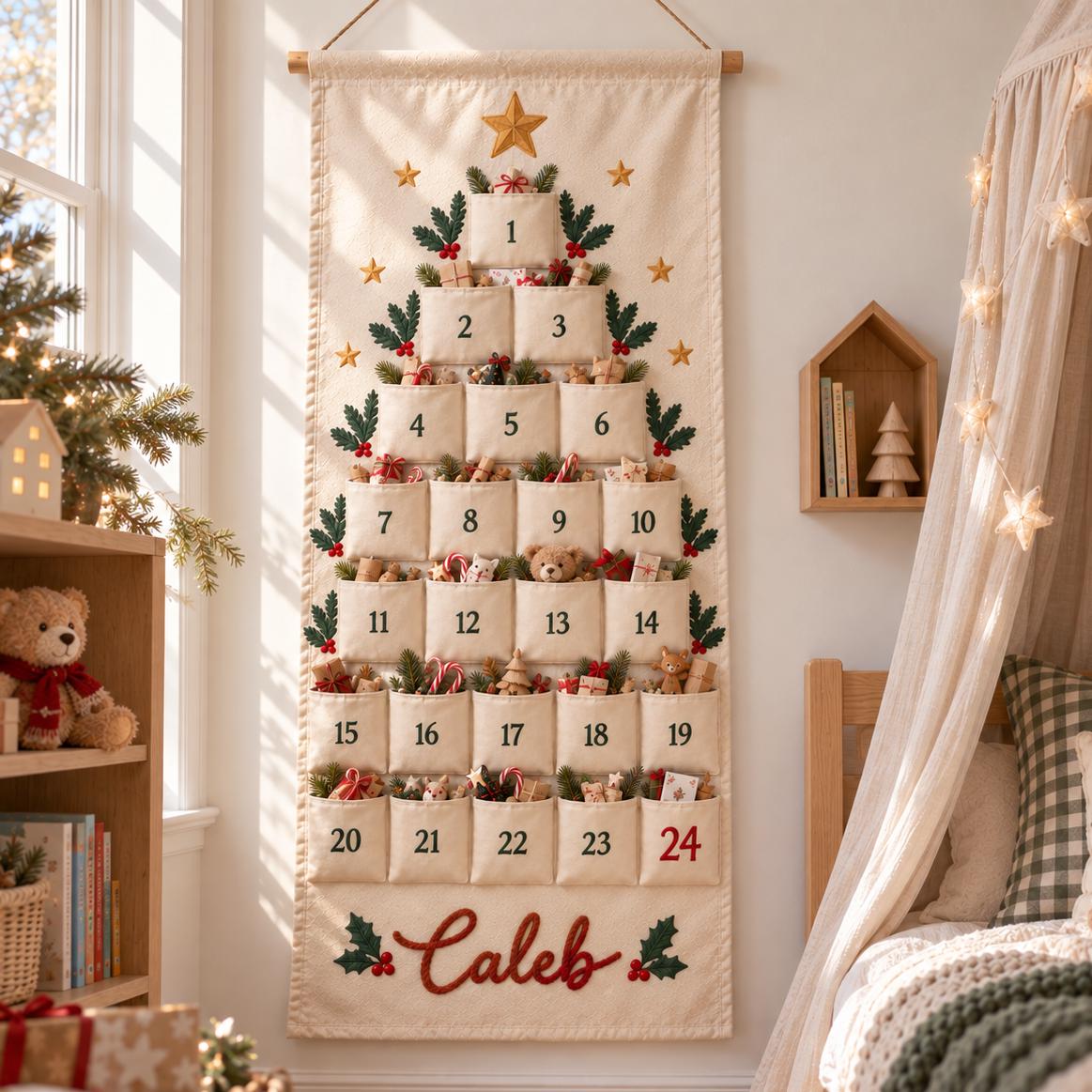 Personalized Advent Calendar HG for Kids, Custom Name 24 Pocket Christmas Countdown, Sibling Holiday Tradition, Fillable Christmas Pockets