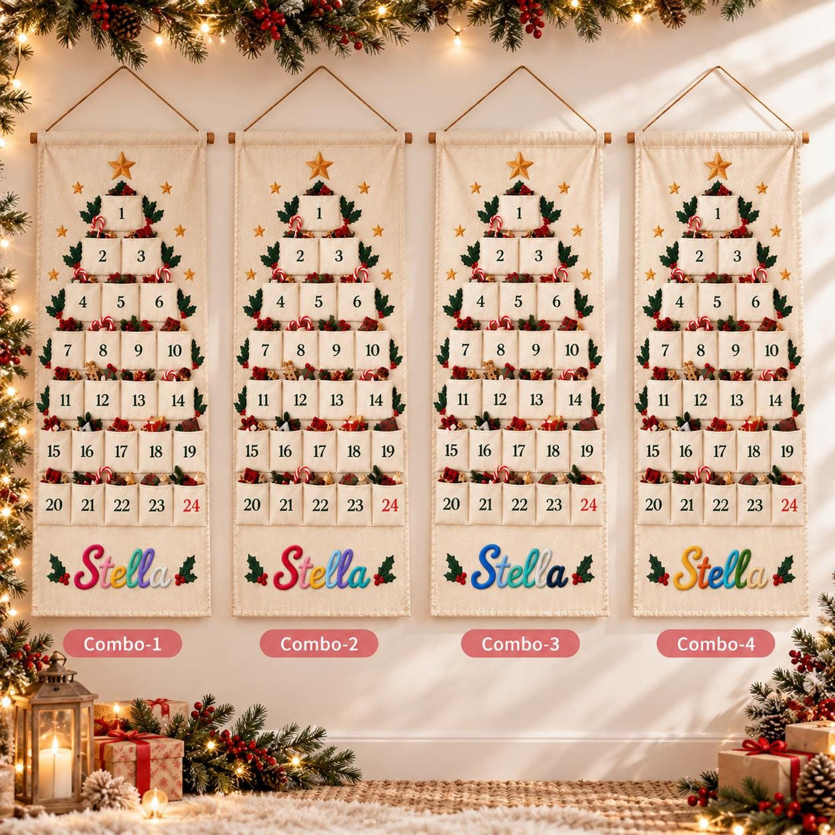 Personalized Advent Calendar HG for Kids, Custom Name 24 Pocket Christmas Countdown, Sibling Holiday Tradition, Fillable Christmas Pockets