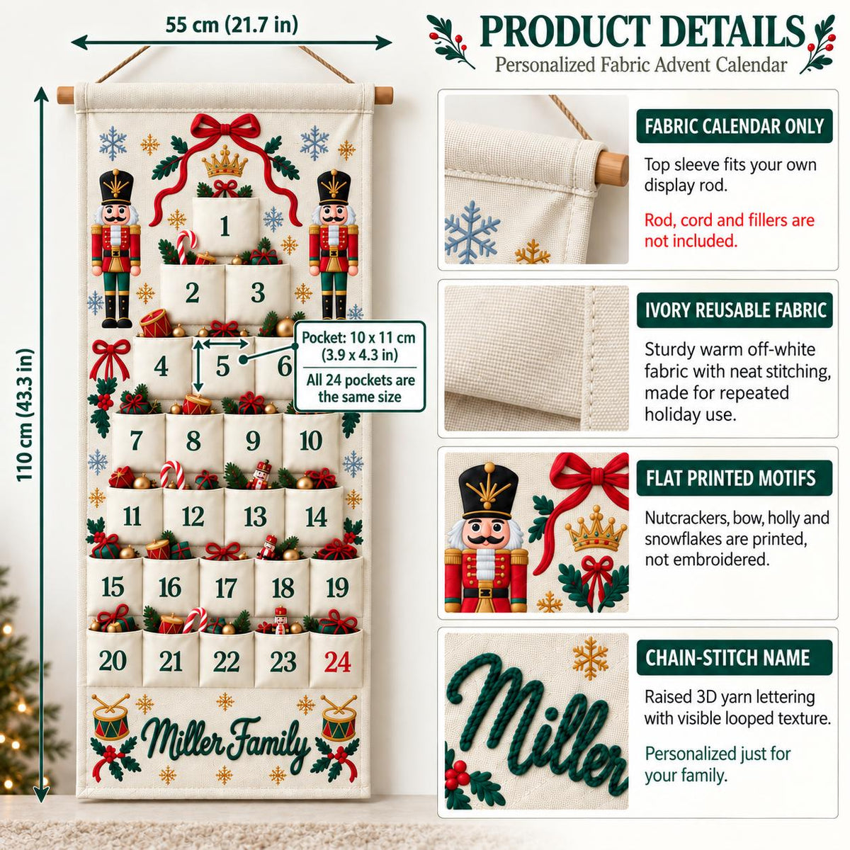 Personalized Advent Calendar HG for Kids, Custom Name 24 Pocket Christmas Countdown, Sibling Holiday Tradition, Fillable Christmas Pockets