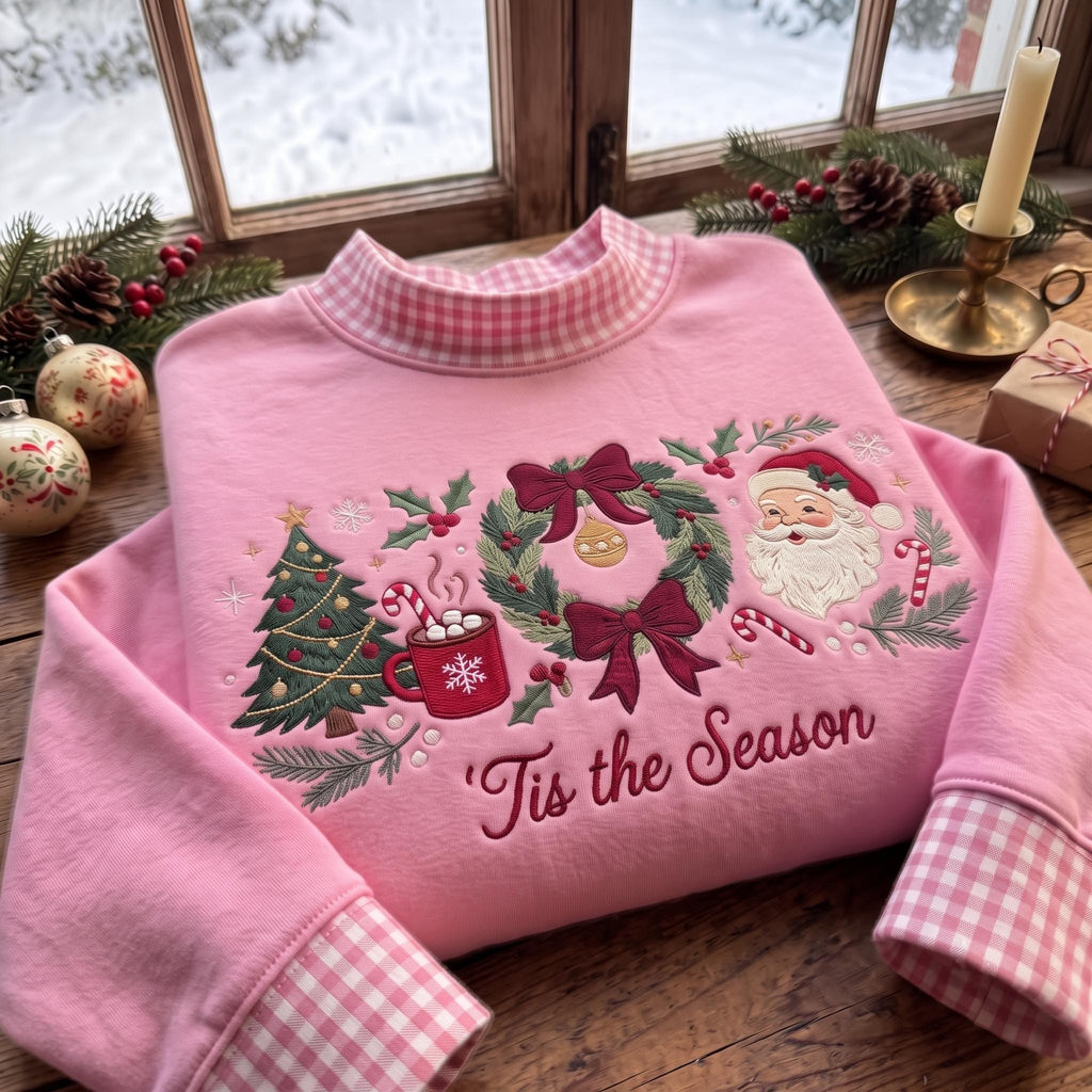 Tis the Season Gingham Mock Neck HFN Sweatshirt, Christmas Embroidered Santa Wreath Tree Crewneck, Cozy Holiday Sweater, Festive Christmas Gift