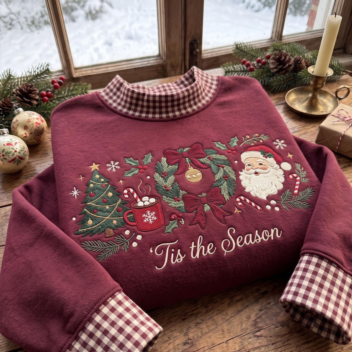 Tis the Season Gingham Mock Neck HFN Sweatshirt, Christmas Embroidered Santa Wreath Tree Crewneck, Cozy Holiday Sweater, Festive Christmas Gift