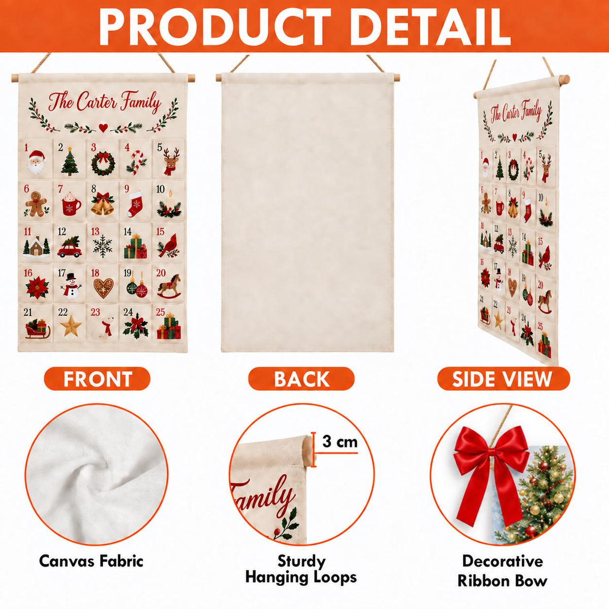 Personalized Fabric Advent Calendar HG, 24 Pocket Christmas Countdown Calendar, Reusable Wall Hanging, Kids Xmas Gift