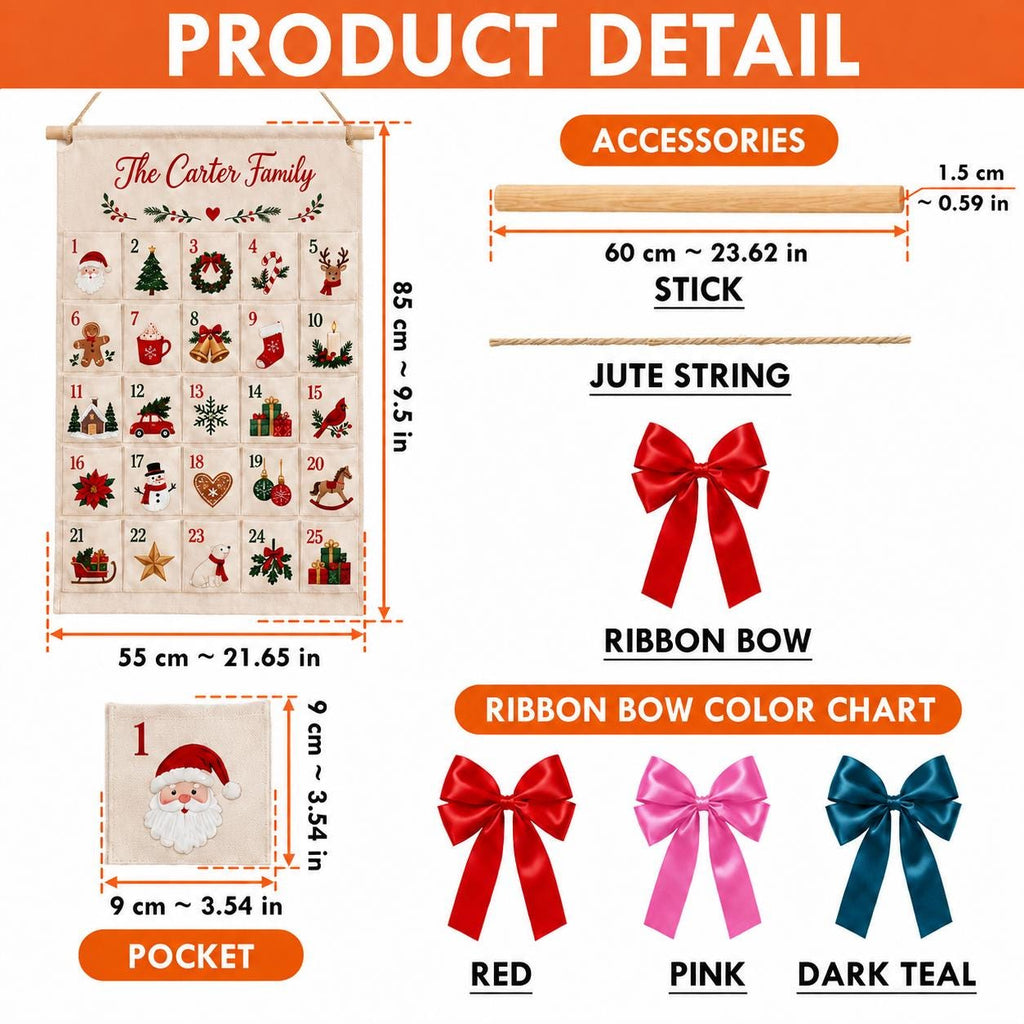 Personalized Fabric Advent Calendar HG, 24 Pocket Christmas Countdown Calendar, Reusable Wall Hanging, Kids Xmas Gift