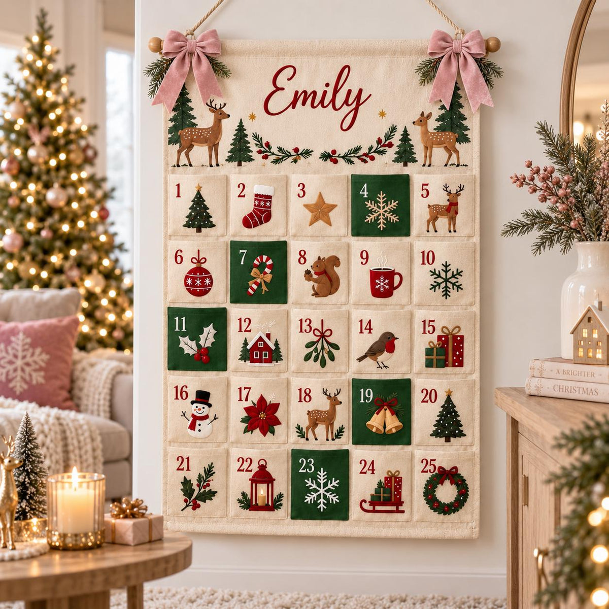 Personalized Fabric Advent Calendar HG, 24 Pocket Christmas Countdown Calendar, Reusable Wall Hanging, Kids Xmas Gift