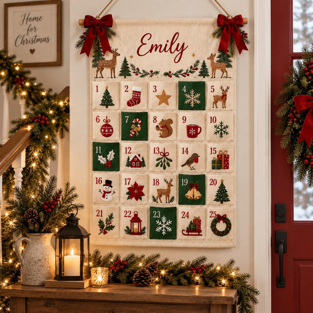 Personalized Fabric Advent Calendar HG, 24 Pocket Christmas Countdown Calendar, Reusable Wall Hanging, Kids Xmas Gift
