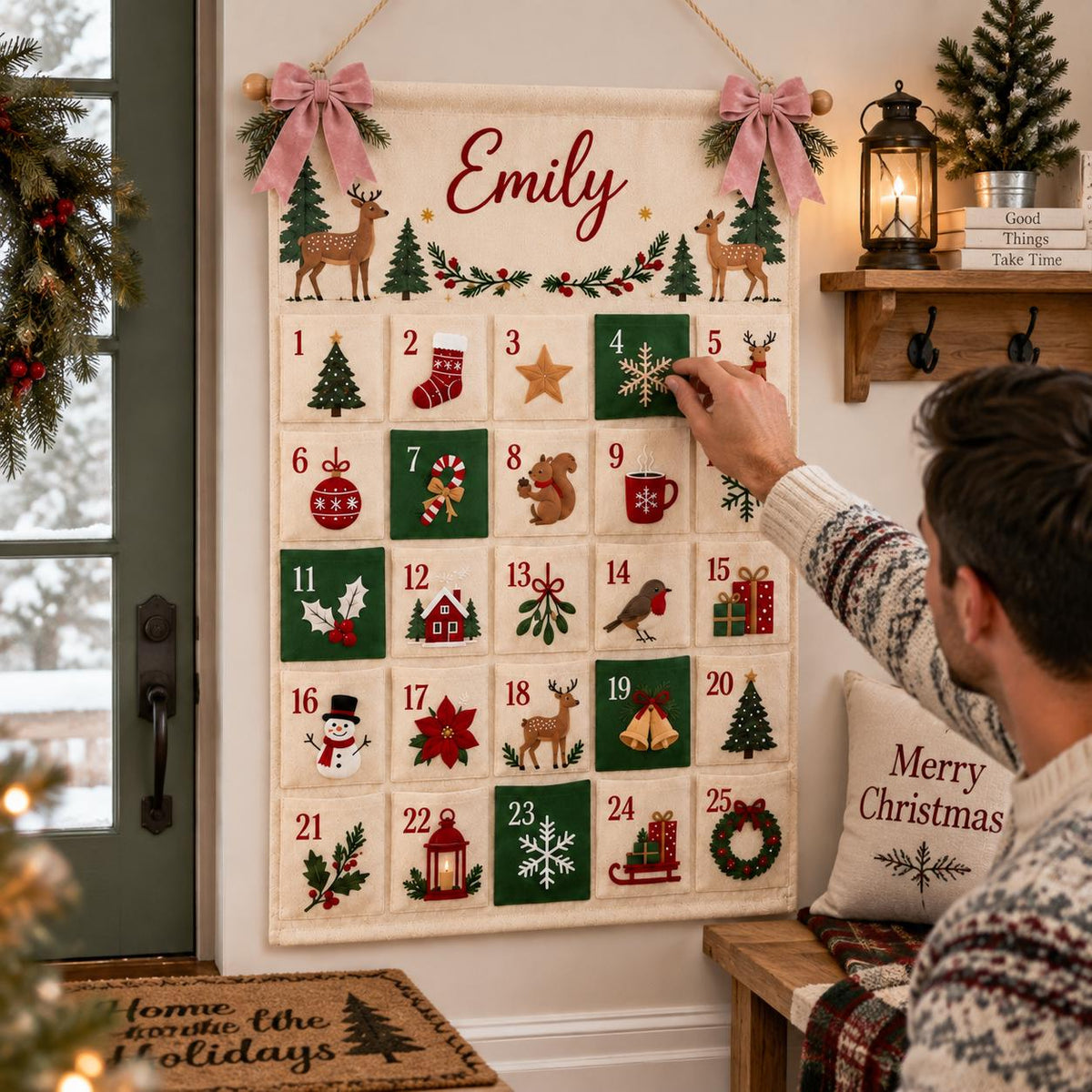 Personalized Fabric Advent Calendar HG, 24 Pocket Christmas Countdown Calendar, Reusable Wall Hanging, Kids Xmas Gift