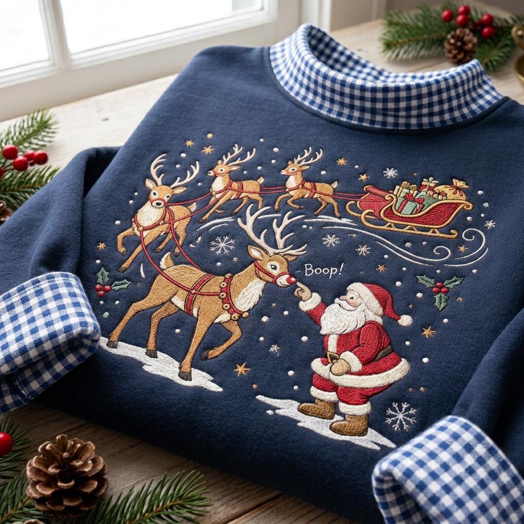 Santa Reindeer gingham mock Neck HFN Sweatshirt, Embroidered Christmas Crewneck, Santa Sleigh Holiday Sweatshirt, Reindeer Christmas Gift