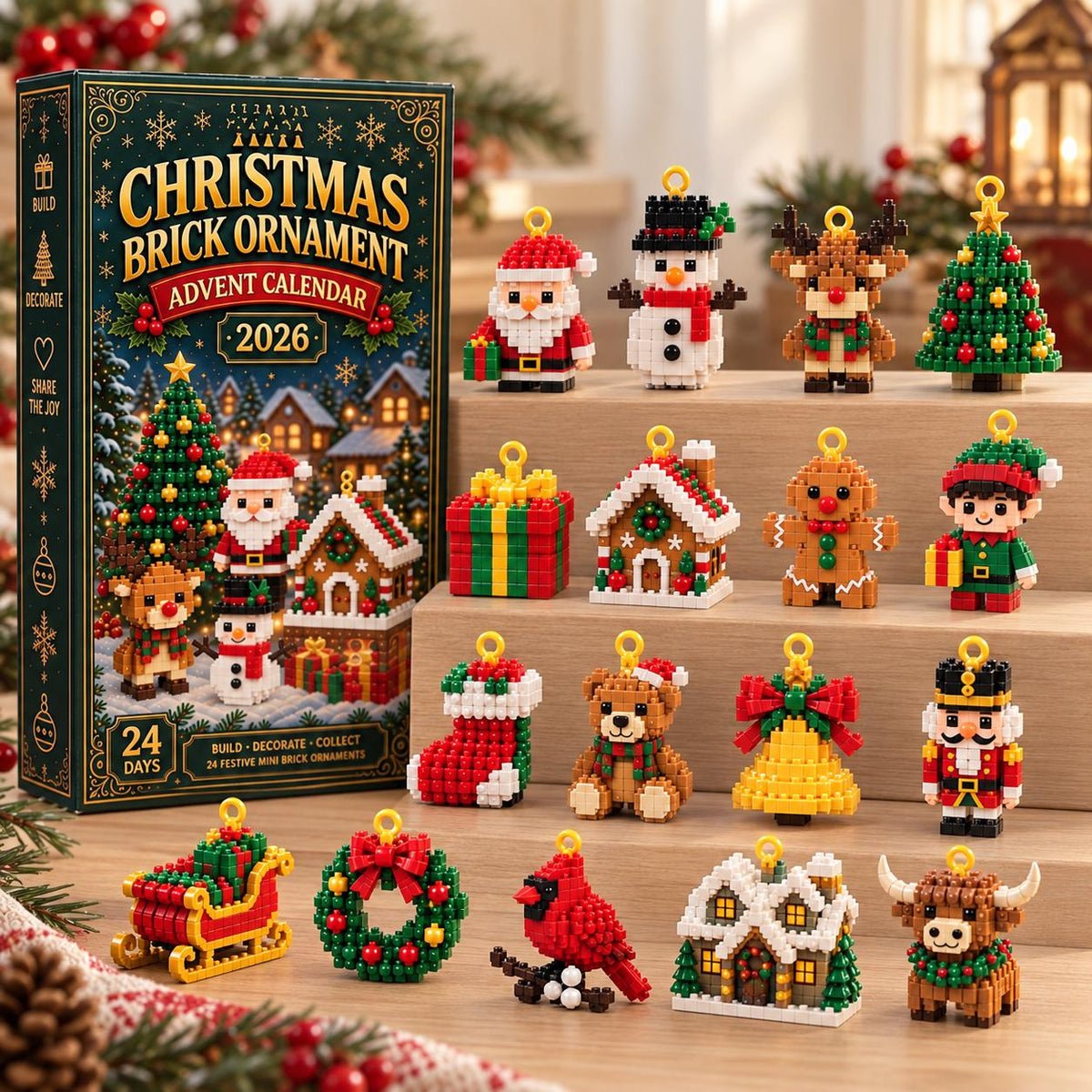 Christmas Advent Calendar HG, 24 Mini Brick Ornaments for Brick Lovers & Families, Buildable Xmas Countdown Gift, Tree Decorations