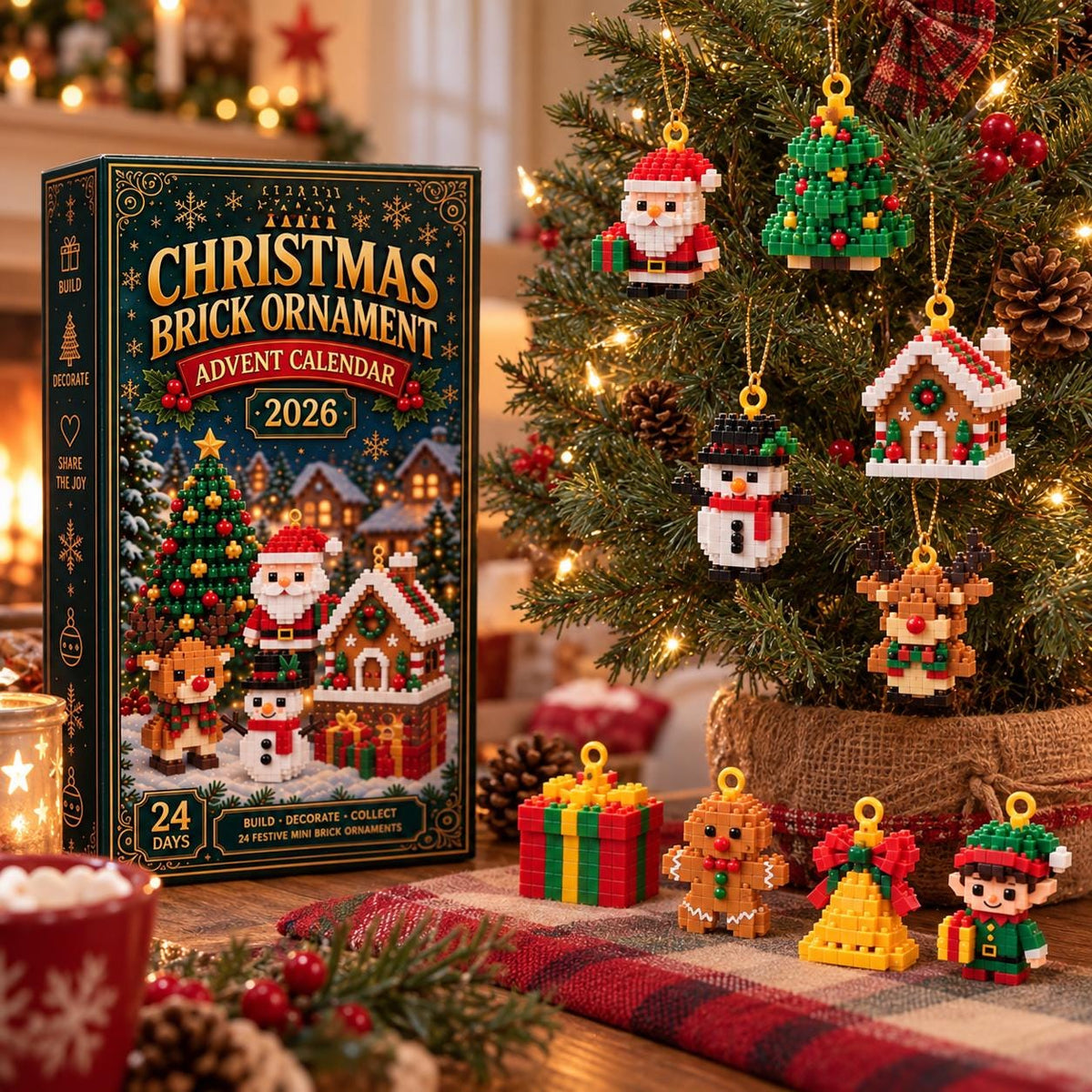 Christmas Advent Calendar HG, 24 Mini Brick Ornaments for Brick Lovers & Families, Buildable Xmas Countdown Gift, Tree Decorations