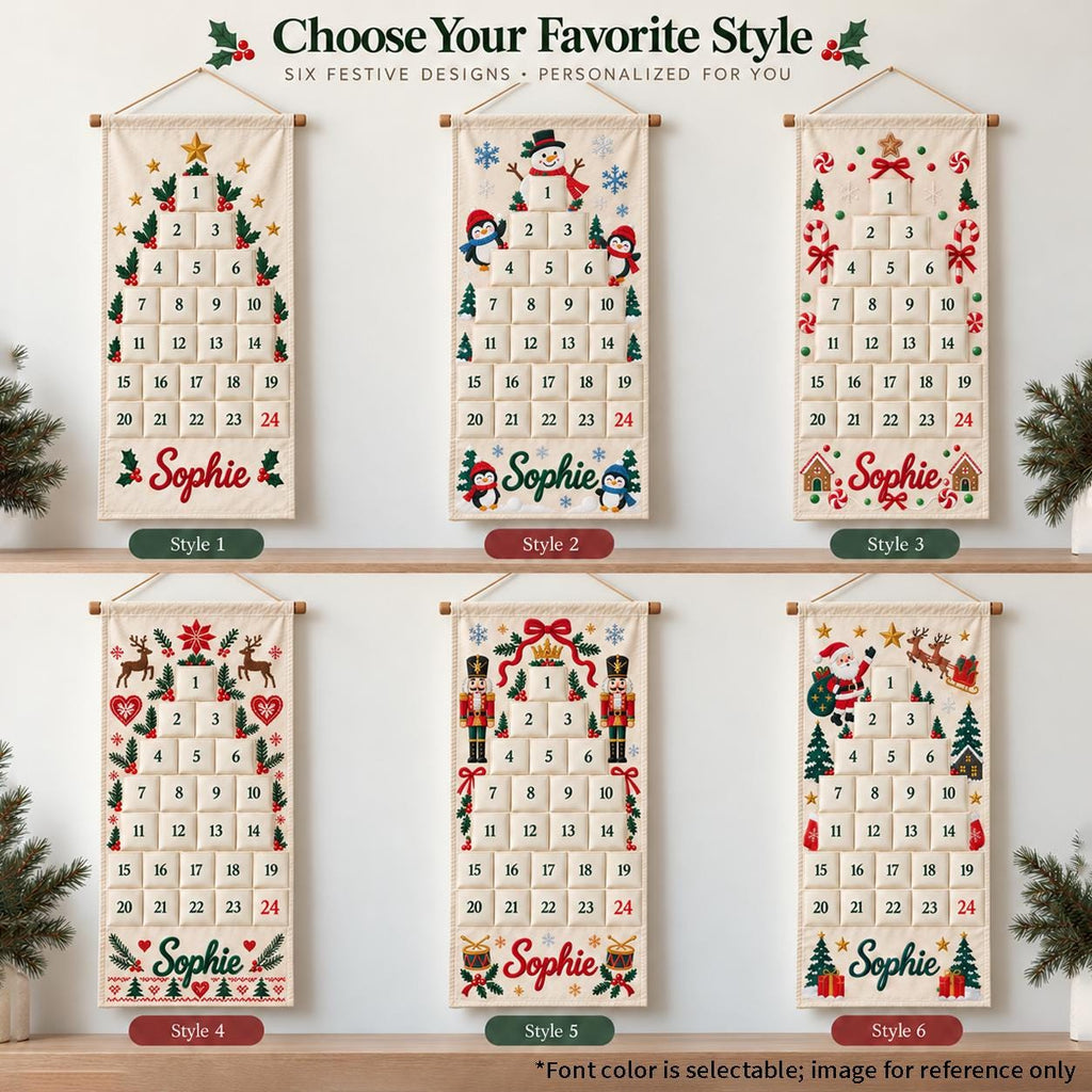 Personalized Advent Calendar HG for Kids, Custom Name 24 Pocket Christmas Countdown, Fabric Hanging Calendar, Sibling Christmas Tradition