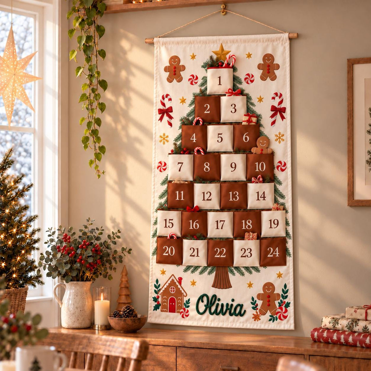 Personalized Christmas Advent Calendar HG, 24 Pocket Nutcracker Wall Hanging with Custom Name, Reusable Canvas Holiday Countdown Decor for Kids