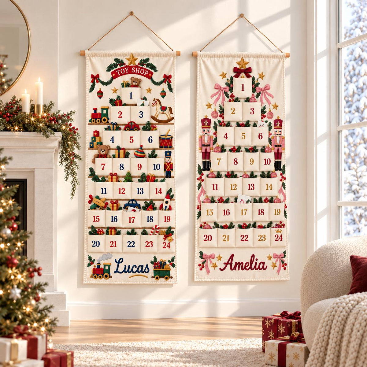 Personalized Christmas Advent Calendar HG, 24 Fillable Pockets, Reusable Christmas Wall Hanging, Home Countdown for Family Traditions