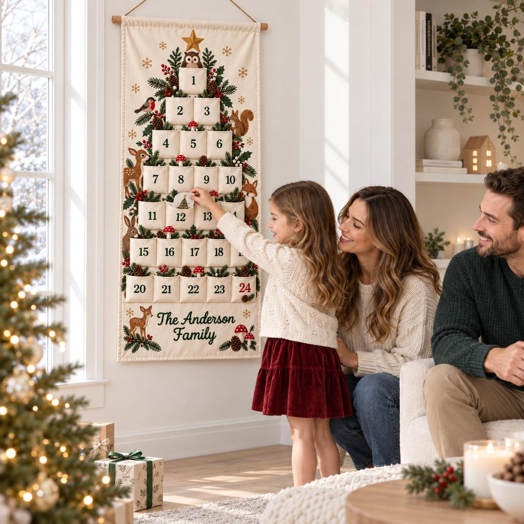Personalized Christmas Advent Calendar HG for Kids, 24 Pocket Pink Nutcracker Fabric Wall Banner, Custom Name Holiday Countdown for the Family