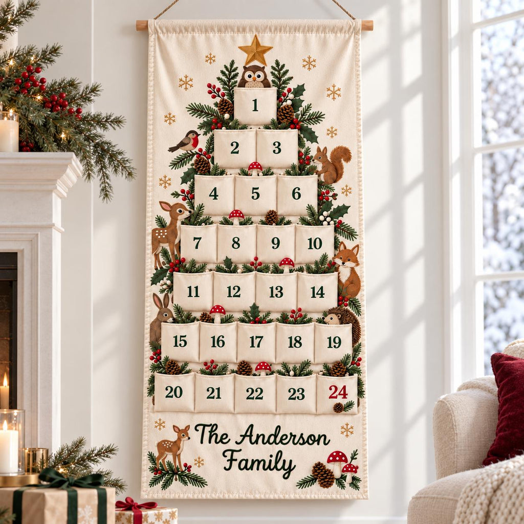 Personalized Christmas Advent Calendar HG for Kids, 24 Pocket Pink Nutcracker Fabric Wall Banner, Custom Name Holiday Countdown for the Family