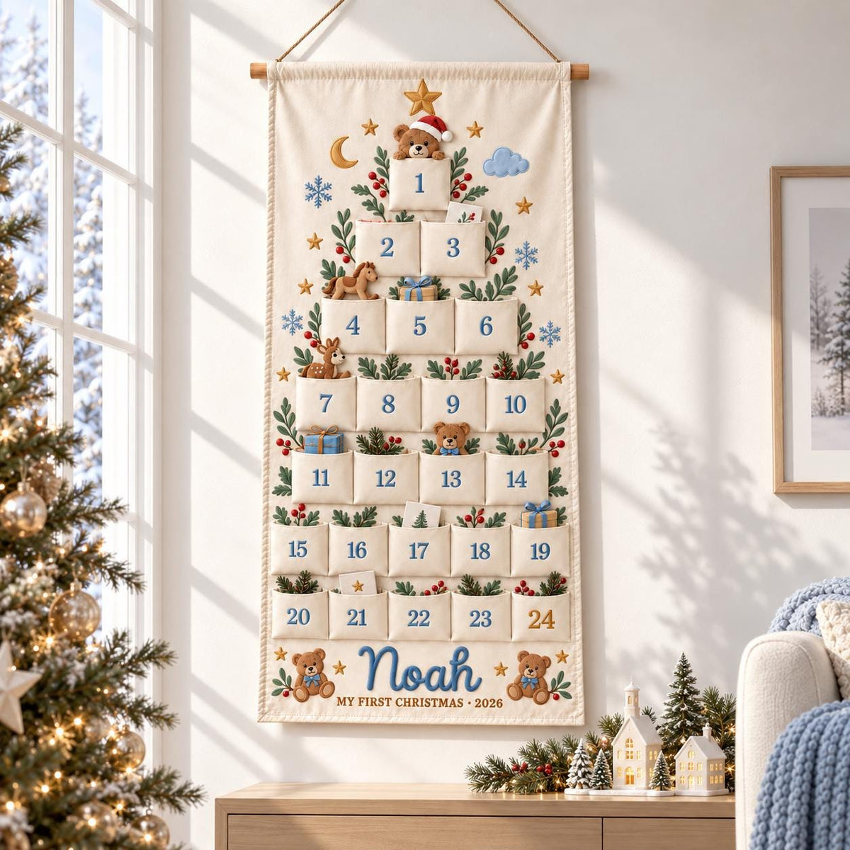Personalized Christmas Advent Calendar HG for Kids, 24 Pocket Pink Nutcracker Fabric Wall Banner, Custom Name Holiday Countdown for the Family