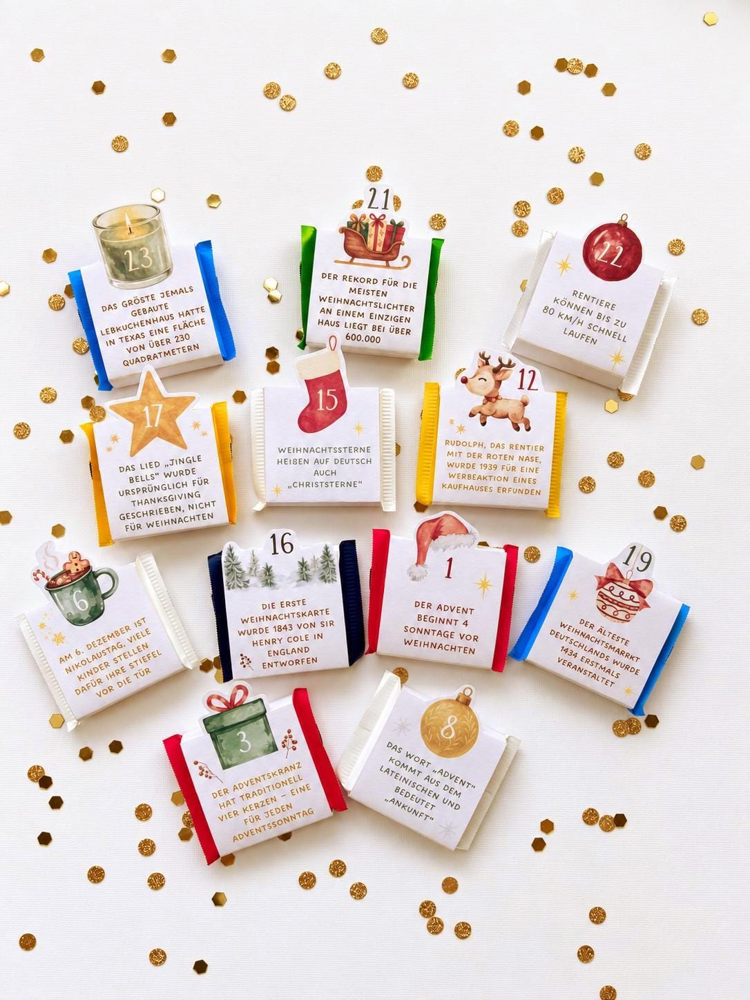 Mini Ritter Sport Adventskalender mit 24 Weihnachtsfakten, Diy Weihnachtsgeschenk, Vorlage zum Ausdrucken, Weihnachten Geschenk