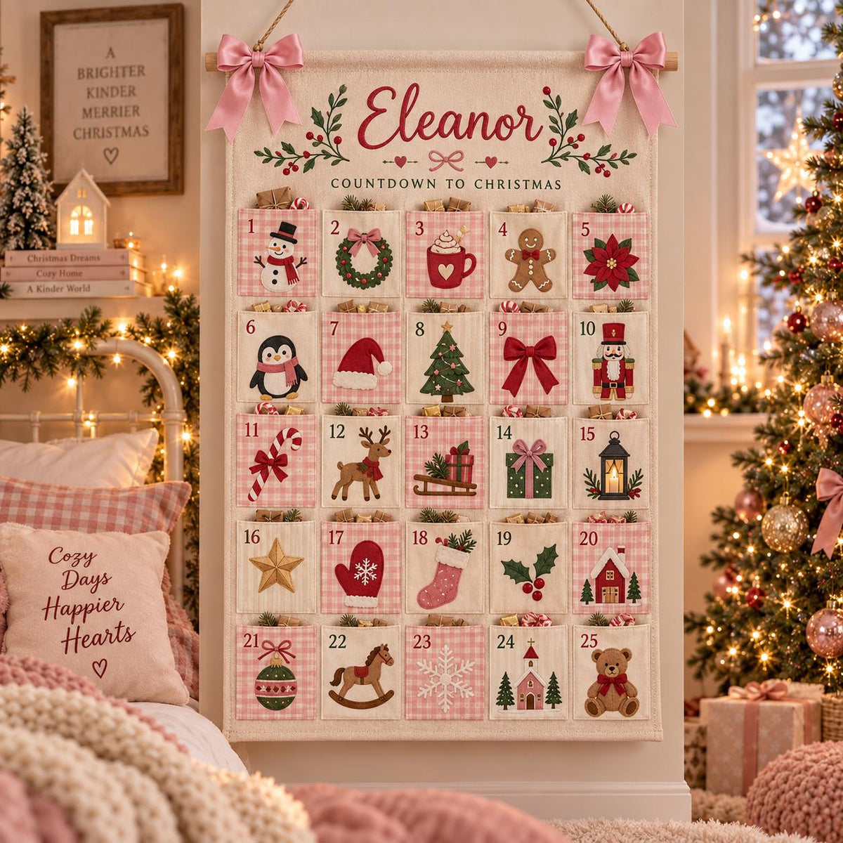Personalized Fabric Advent Calendar HG, 25-Pocket Fabric Countdown Organizer, Kids Advent Calendar HG, Reusable Wall Hanging, Christmas Decor