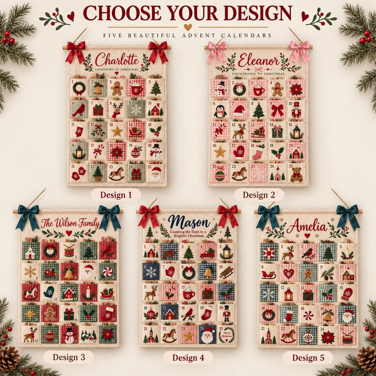 Personalized Fabric Advent Calendar HG, 25-Pocket Fabric Countdown Organizer, Kids Advent Calendar HG, Reusable Wall Hanging, Christmas Decor
