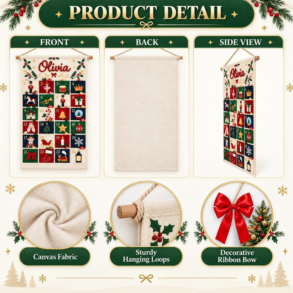 Personalized Advent Calendar HG 2026, Fabric Advent Calendar HG with Name, 24 Pocket Christmas Countdown for Kids, Xmas Gift, Holiday Keepsake