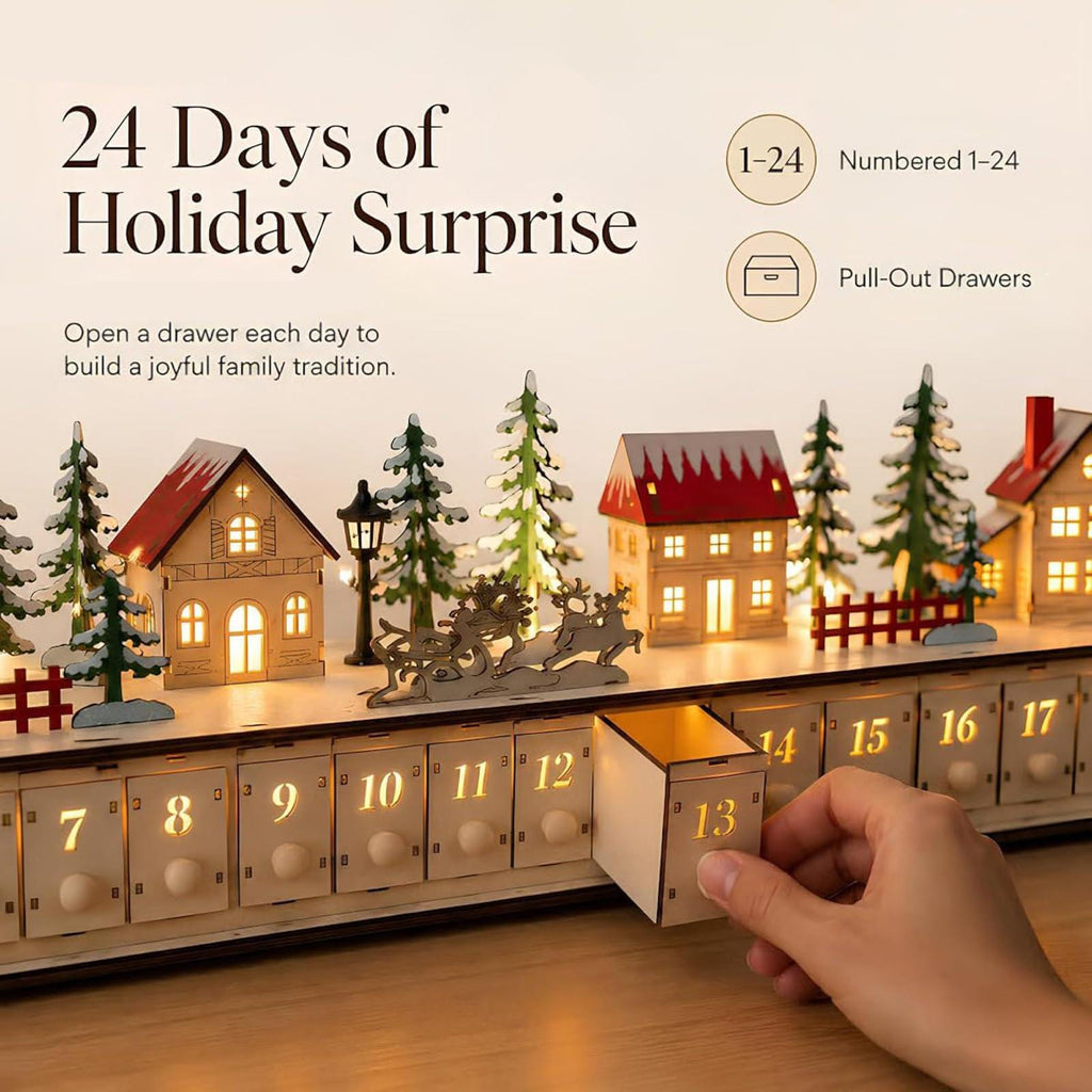 Wooden Advent Calendar HG, 24 Drawer Christmas Countdown, Light Up Christmas Village, Reusable Holiday Decor, Christmas Gift