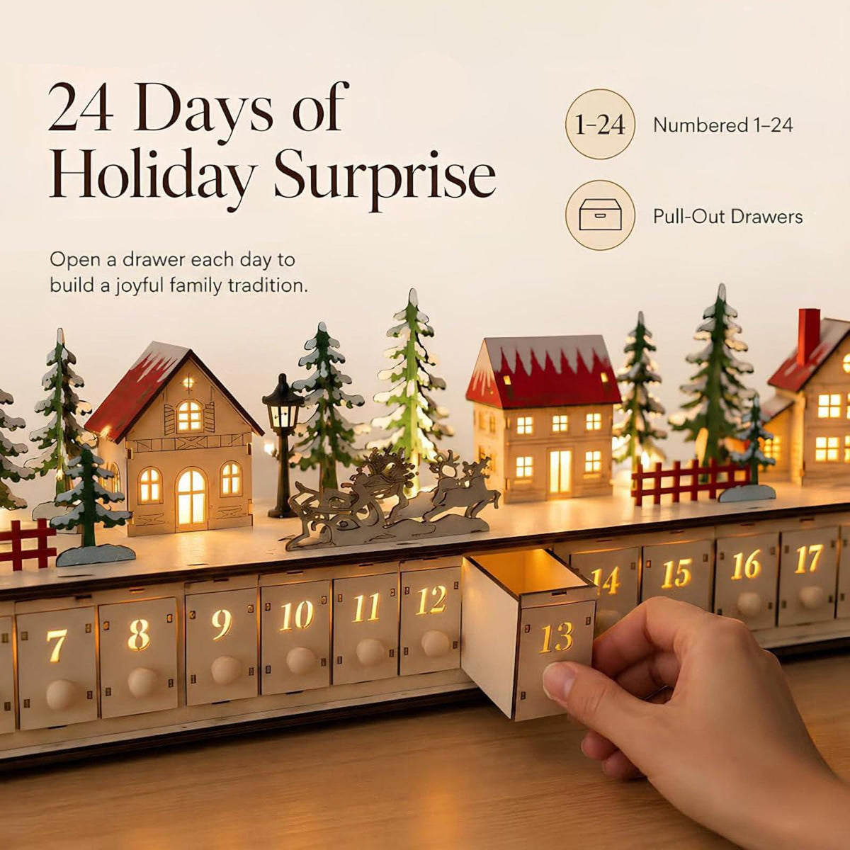 Wooden Advent Calendar HG, 24 Drawer Christmas Countdown, Light Up Christmas Village, Reusable Holiday Decor, Christmas Gift