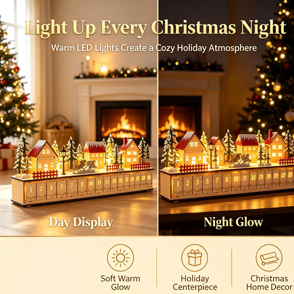 Wooden Advent Calendar HG, 24 Drawer Christmas Countdown, Light Up Christmas Village, Reusable Holiday Decor, Christmas Gift