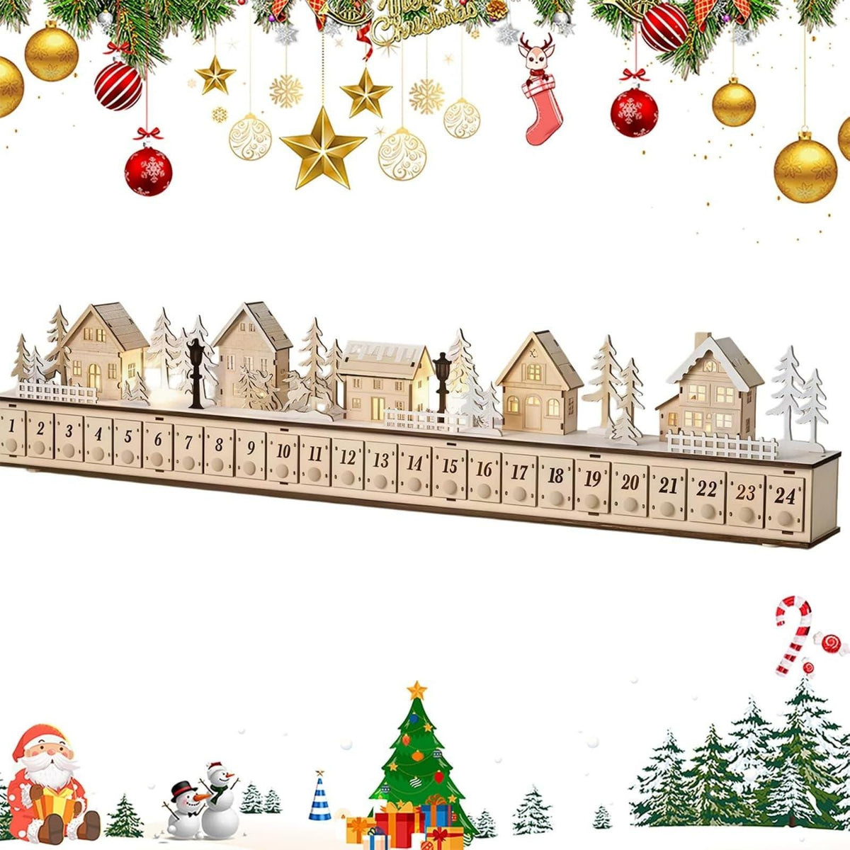 Wooden Advent Calendar HG, 24 Drawer Christmas Countdown, Light Up Christmas Village, Reusable Holiday Decor, Christmas Gift