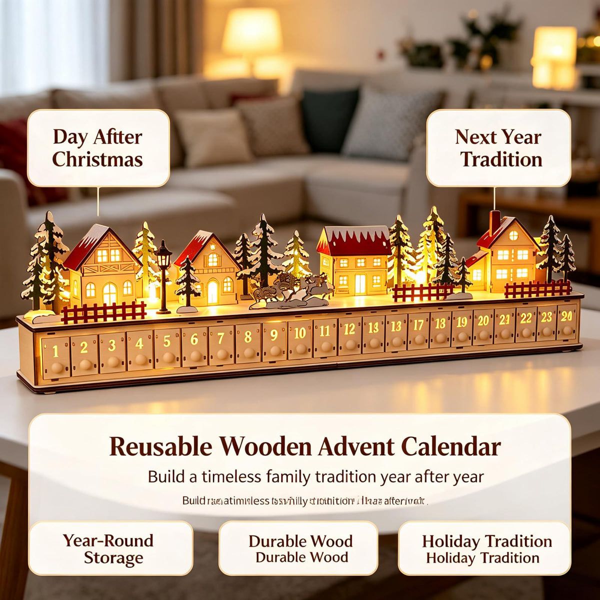 Wooden Advent Calendar HG, 24 Drawer Christmas Countdown, Light Up Christmas Village, Reusable Holiday Decor, Christmas Gift