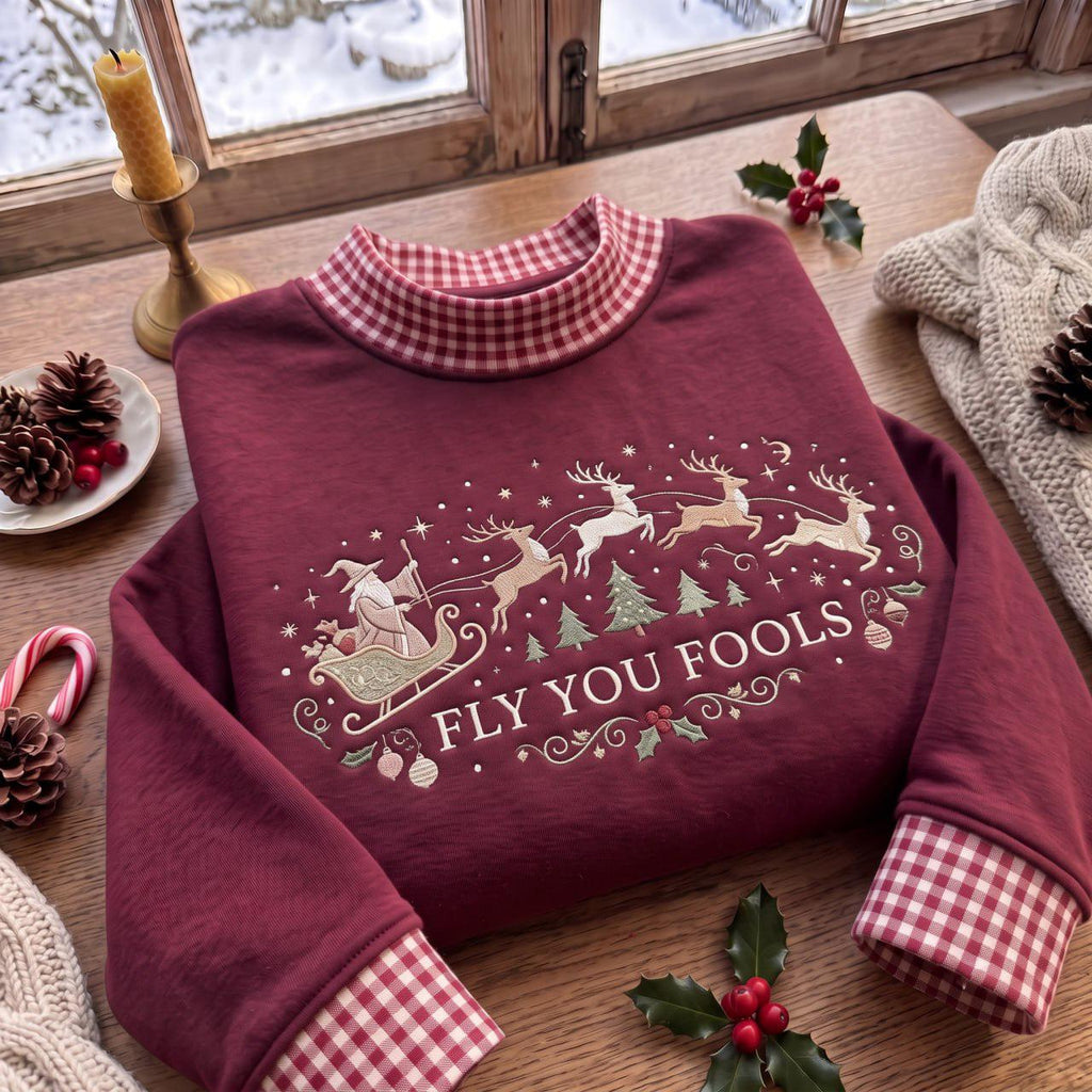 Fly You Fools gingham mock Neck HFN Sweatshirt, Santa Sleigh Embroidered Christmas Pullover, Reindeer Holiday Crewneck, Festive Winter Gift